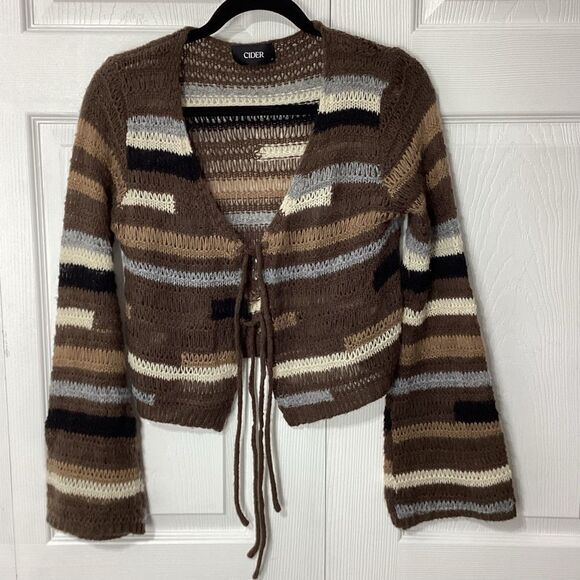 Cider Brand Knit Front Tie Wrap Sweater Patchwork Crochet Y2k Crop Sweater Small - Picture 1 of 10